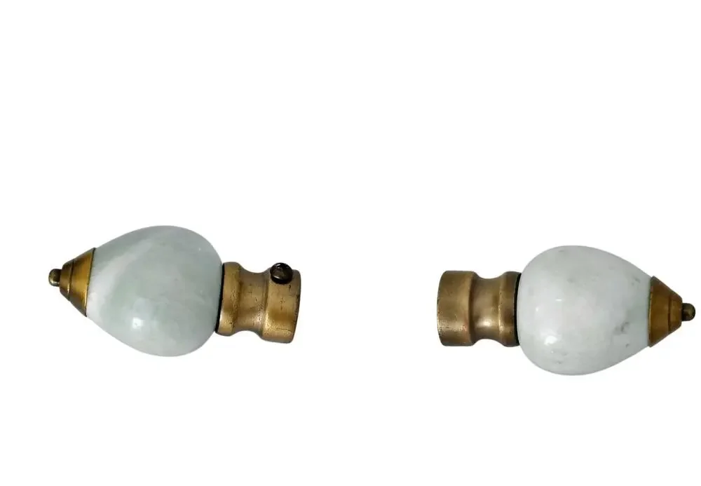 Vintage Brass Green Gray Marble Swirl Curtain Rod Finial Pair Drapery MCM Lamp